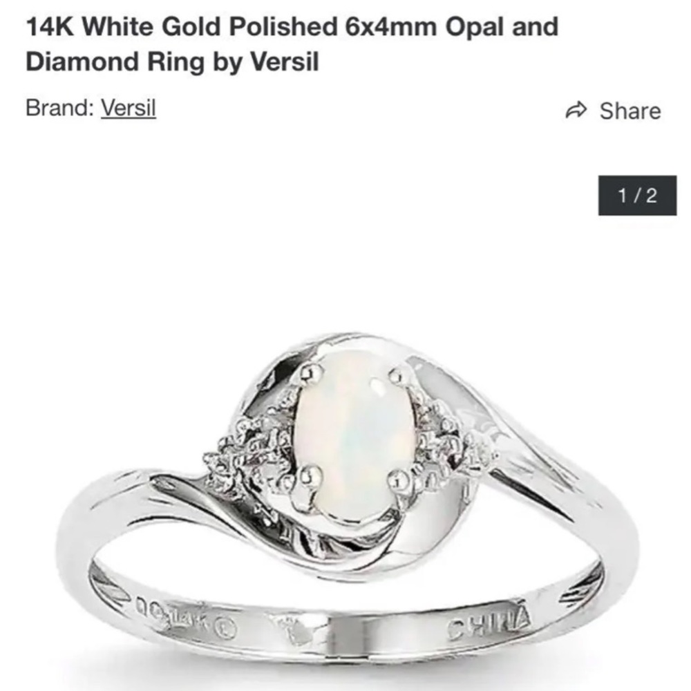 Opal and diamond ring 14k white gold